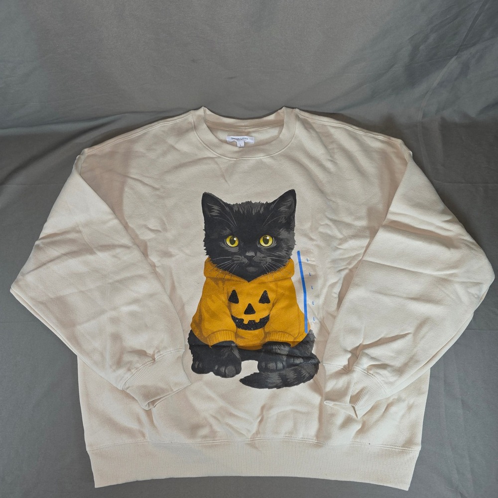 Grayson Threads Women Beige Black Cat Pumpkin Hoodie Sweatshirt L T005632012